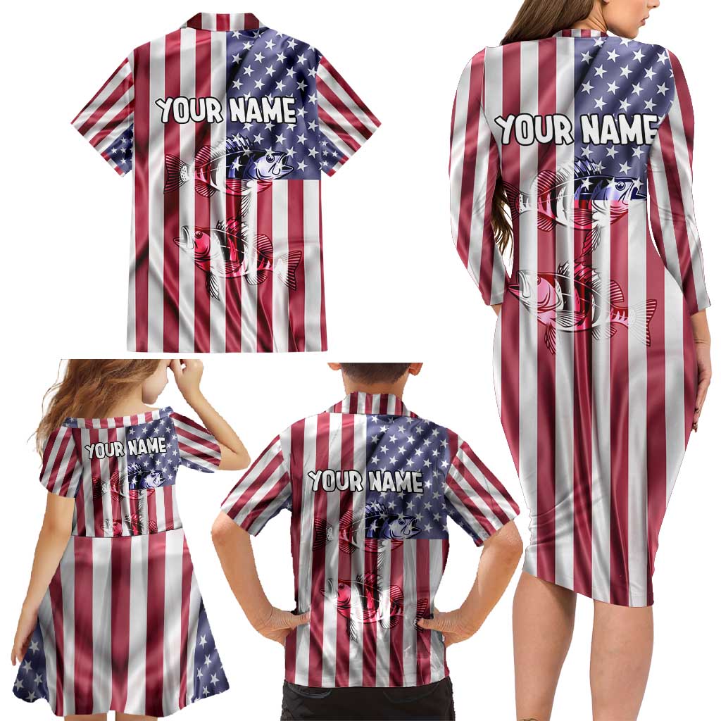Fishing Fish Hook American Flag Family Matching Long Sleeve Bodycon Dress and Hawaiian Shirt Custom Name Graphic in Patriotic Striped Theme - Wonder Print Shop