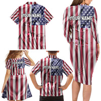 Fishing Fish Hook American Flag Family Matching Long Sleeve Bodycon Dress and Hawaiian Shirt Custom Name Graphic in Patriotic Striped Theme - Wonder Print Shop