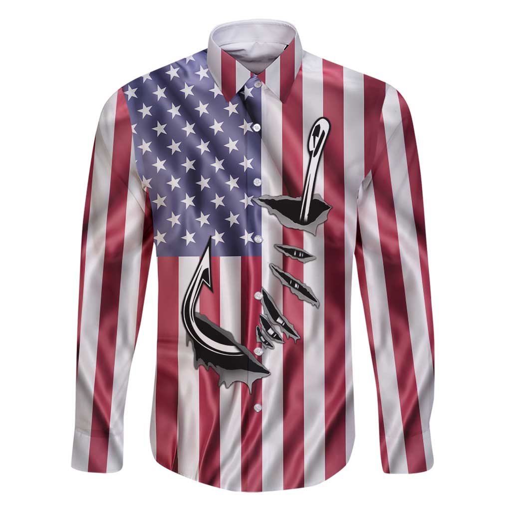 Fishing Fish Hook American Flag Family Matching Long Sleeve Bodycon Dress and Hawaiian Shirt Custom Name Graphic in Patriotic Striped Theme - Wonder Print Shop