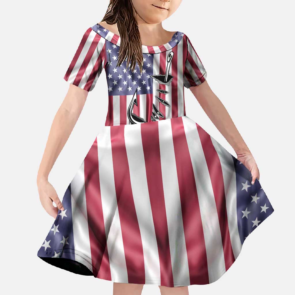 Fishing Fish Hook American Flag Family Matching Mermaid Dress and Hawaiian Shirt Custom Name Graphic in Patriotic Striped Theme - Wonder Print Shop