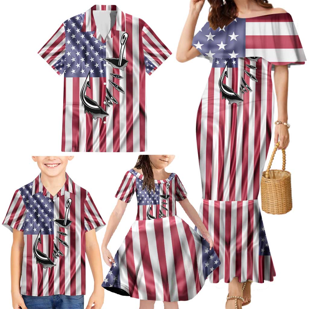 Fishing Fish Hook American Flag Family Matching Mermaid Dress and Hawaiian Shirt Custom Name Graphic in Patriotic Striped Theme - Wonder Print Shop