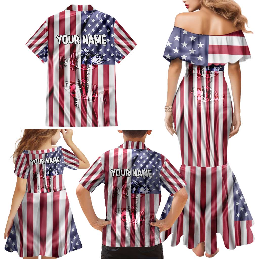 Fishing Fish Hook American Flag Family Matching Mermaid Dress and Hawaiian Shirt Custom Name Graphic in Patriotic Striped Theme - Wonder Print Shop
