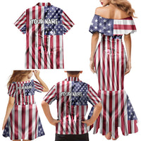 Fishing Fish Hook American Flag Family Matching Mermaid Dress and Hawaiian Shirt Custom Name Graphic in Patriotic Striped Theme - Wonder Print Shop
