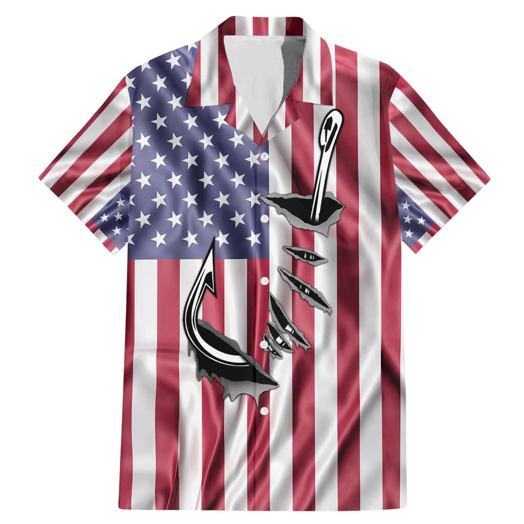 Fishing Fish Hook American Flag Family Matching Mermaid Dress and Hawaiian Shirt Custom Name Graphic in Patriotic Striped Theme - Wonder Print Shop
