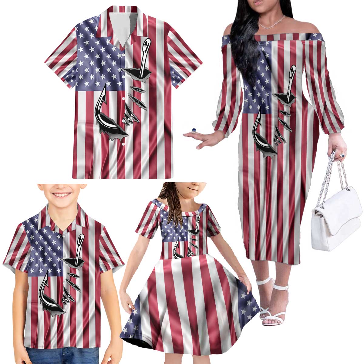 Fishing Fish Hook American Flag Family Matching Off The Shoulder Long Sleeve Dress and Hawaiian Shirt Custom Name Graphic in Patriotic Striped Theme - Wonder Print Shop