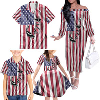 Fishing Fish Hook American Flag Family Matching Off The Shoulder Long Sleeve Dress and Hawaiian Shirt Custom Name Graphic in Patriotic Striped Theme - Wonder Print Shop