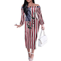 Fishing Fish Hook American Flag Family Matching Off The Shoulder Long Sleeve Dress and Hawaiian Shirt Custom Name Graphic in Patriotic Striped Theme - Wonder Print Shop