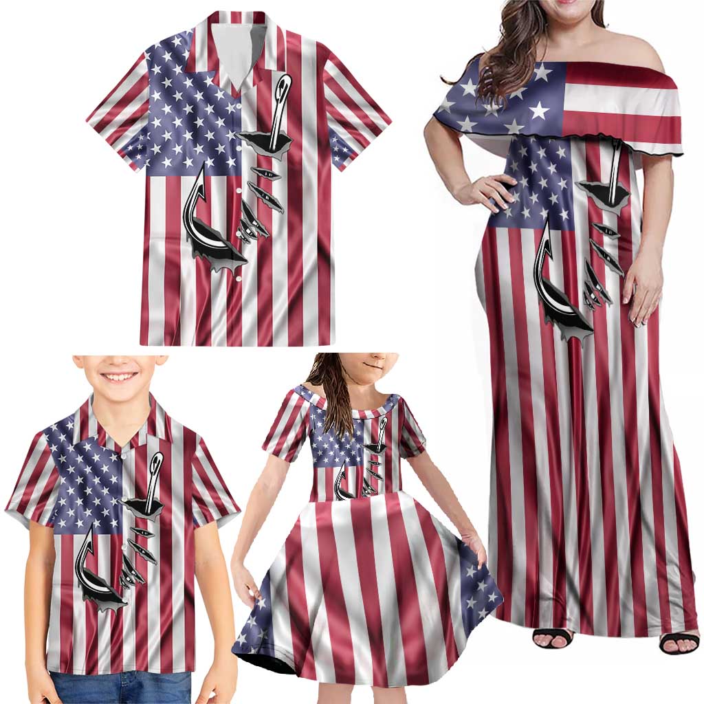 Fishing Fish Hook American Flag Family Matching Off Shoulder Maxi Dress and Hawaiian Shirt Custom Name Graphic in Patriotic Striped Theme - Wonder Print Shop