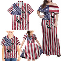 Fishing Fish Hook American Flag Family Matching Off Shoulder Maxi Dress and Hawaiian Shirt Custom Name Graphic in Patriotic Striped Theme - Wonder Print Shop