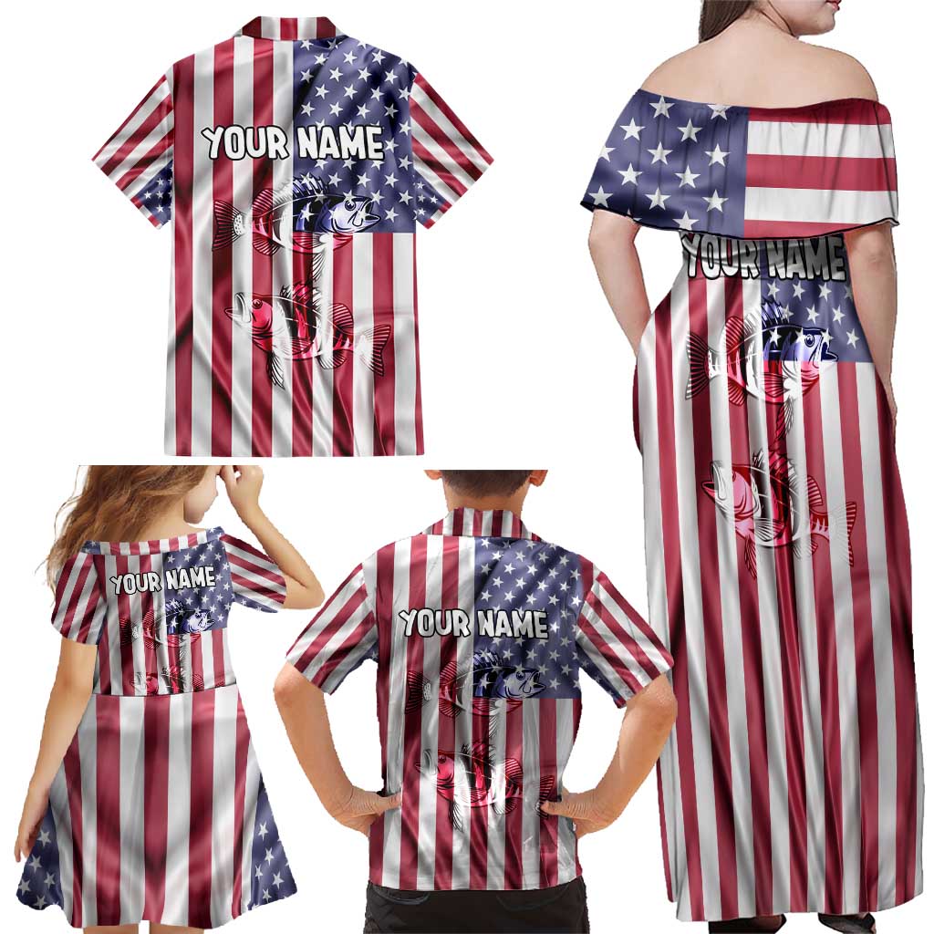 Fishing Fish Hook American Flag Family Matching Off Shoulder Maxi Dress and Hawaiian Shirt Custom Name Graphic in Patriotic Striped Theme - Wonder Print Shop