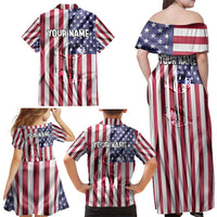 Fishing Fish Hook American Flag Family Matching Off Shoulder Maxi Dress and Hawaiian Shirt Custom Name Graphic in Patriotic Striped Theme - Wonder Print Shop