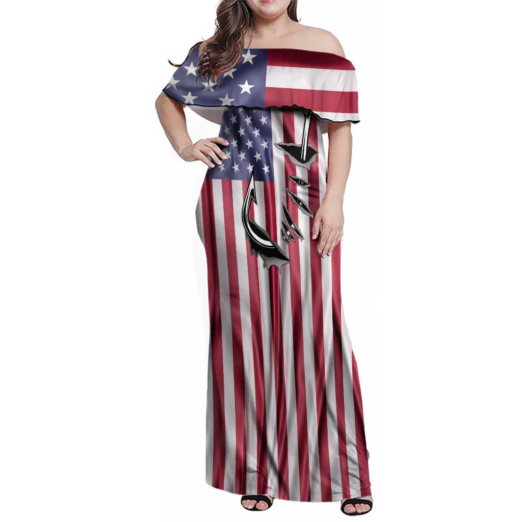 Fishing Fish Hook American Flag Family Matching Off Shoulder Maxi Dress and Hawaiian Shirt Custom Name Graphic in Patriotic Striped Theme - Wonder Print Shop