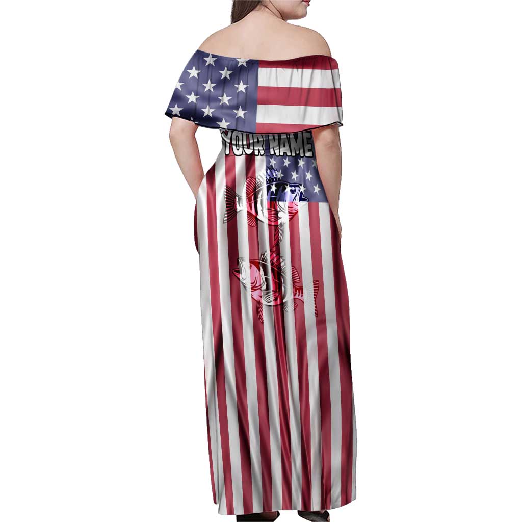 Fishing Fish Hook American Flag Family Matching Off Shoulder Maxi Dress and Hawaiian Shirt Custom Name Graphic in Patriotic Striped Theme - Wonder Print Shop