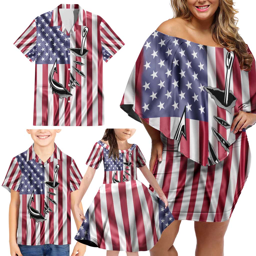 Fishing Fish Hook American Flag Family Matching Off Shoulder Short Dress and Hawaiian Shirt Custom Name Graphic in Patriotic Striped Theme - Wonder Print Shop