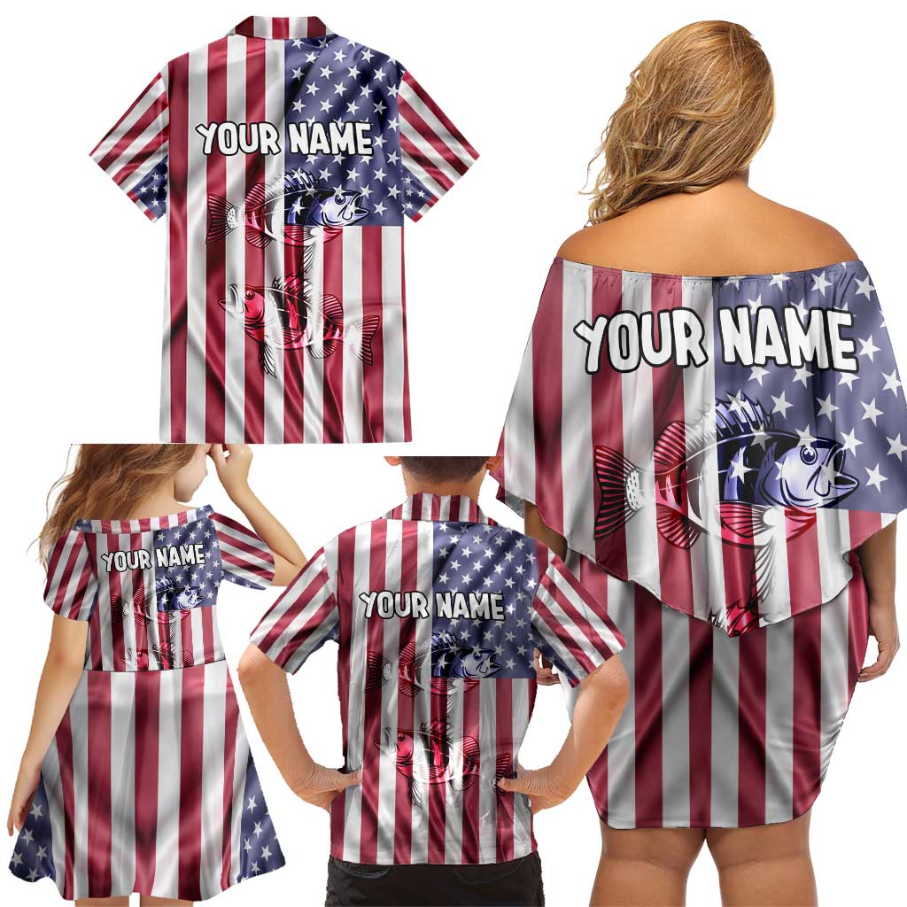 Fishing Fish Hook American Flag Family Matching Off Shoulder Short Dress and Hawaiian Shirt Custom Name Graphic in Patriotic Striped Theme - Wonder Print Shop