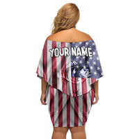 Fishing Fish Hook American Flag Family Matching Off Shoulder Short Dress and Hawaiian Shirt Custom Name Graphic in Patriotic Striped Theme - Wonder Print Shop