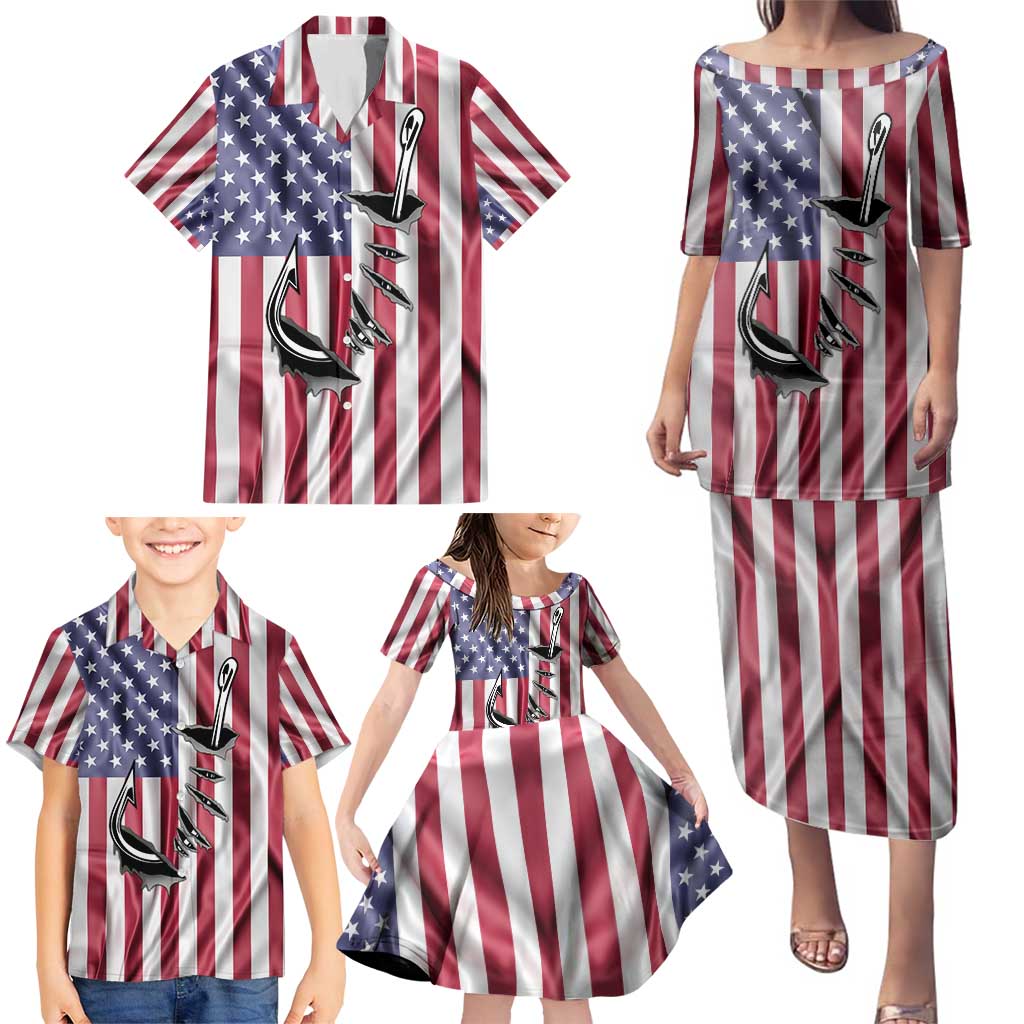 Fishing Fish Hook American Flag Family Matching Puletasi and Hawaiian Shirt Custom Name Graphic in Patriotic Striped Theme - Wonder Print Shop