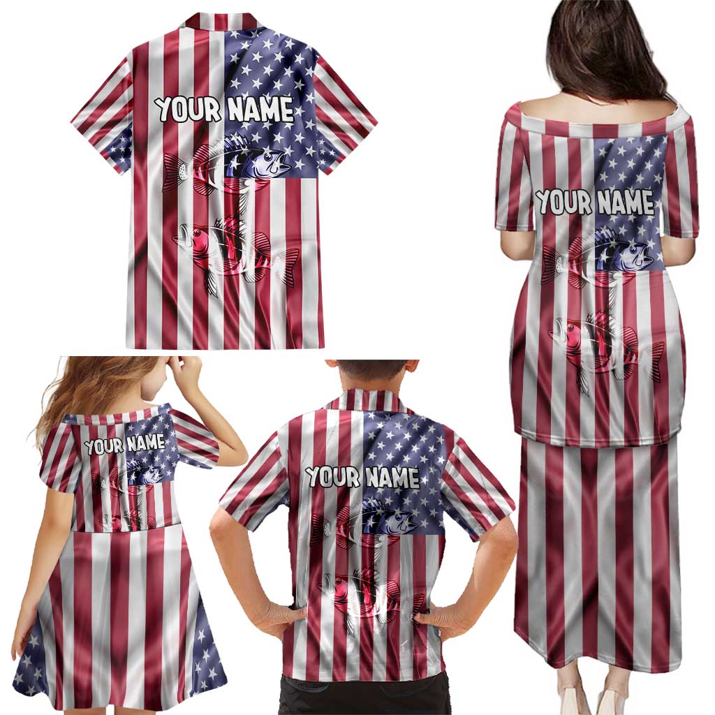 Fishing Fish Hook American Flag Family Matching Puletasi and Hawaiian Shirt Custom Name Graphic in Patriotic Striped Theme - Wonder Print Shop
