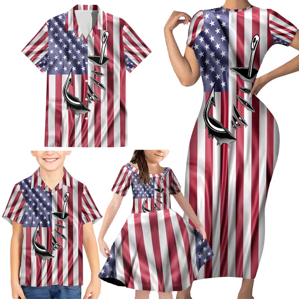 Fishing Fish Hook American Flag Family Matching Short Sleeve Bodycon Dress and Hawaiian Shirt Custom Name Graphic in Patriotic Striped Theme - Wonder Print Shop