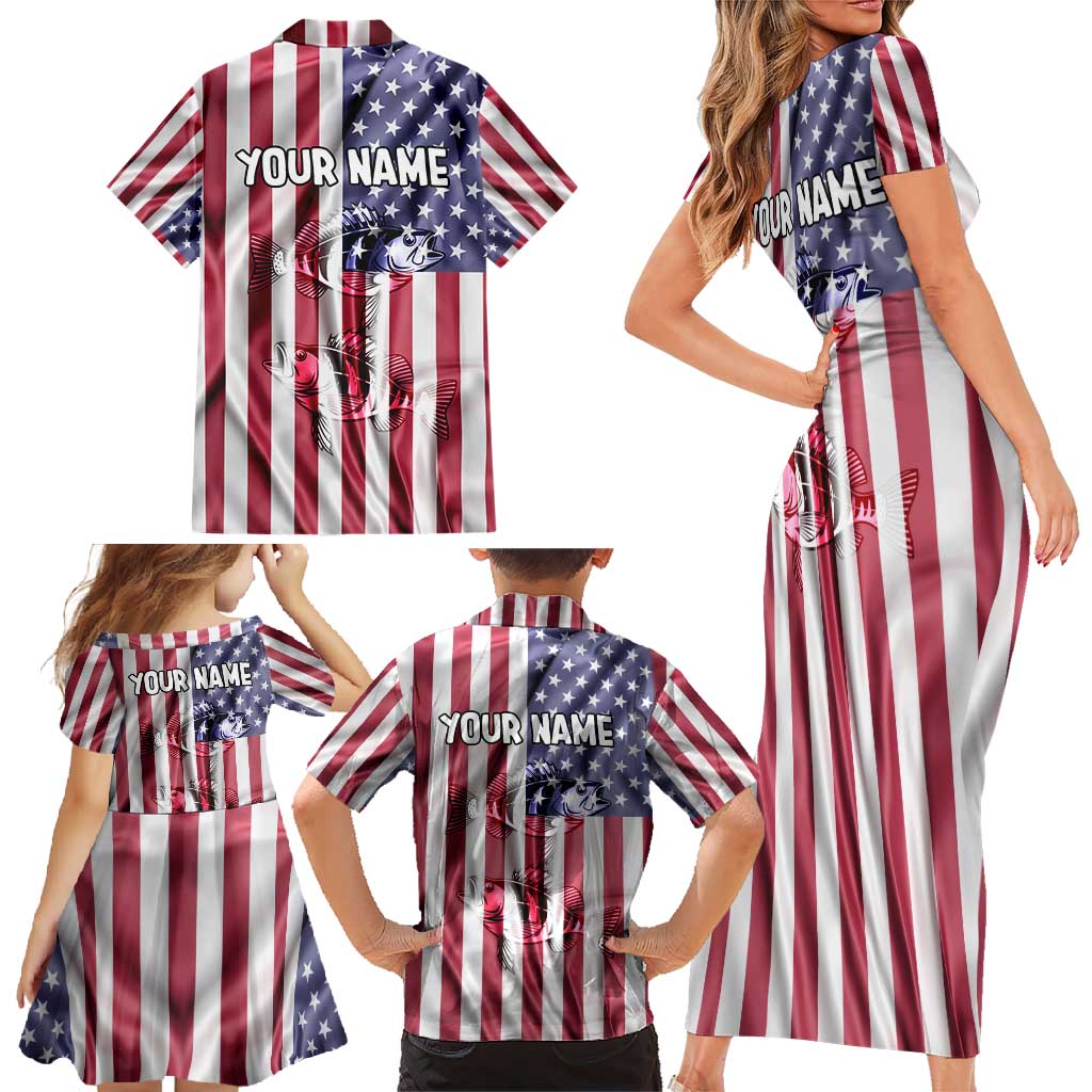 Fishing Fish Hook American Flag Family Matching Short Sleeve Bodycon Dress and Hawaiian Shirt Custom Name Graphic in Patriotic Striped Theme - Wonder Print Shop
