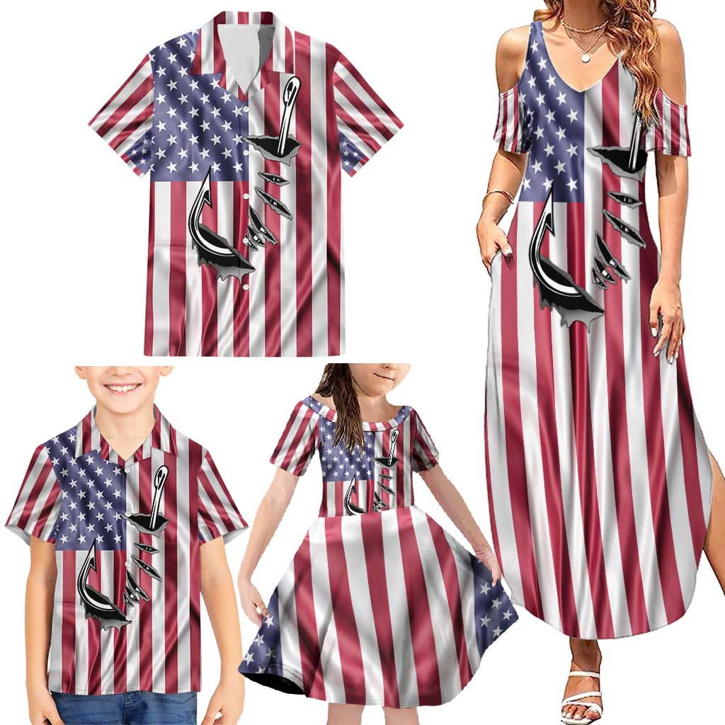 Fishing Fish Hook American Flag Family Matching Summer Maxi Dress and Hawaiian Shirt Custom Name Graphic in Patriotic Striped Theme - Wonder Print Shop