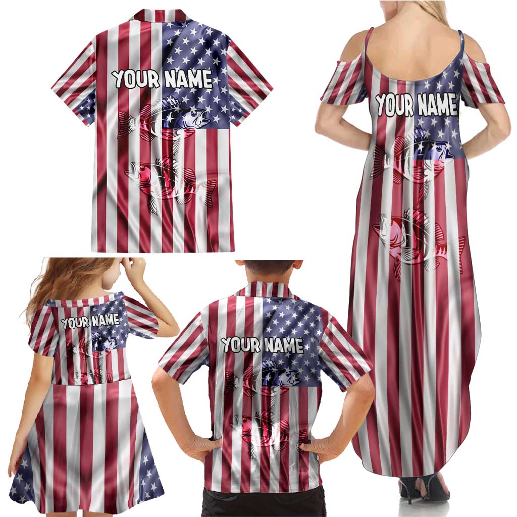 Fishing Fish Hook American Flag Family Matching Summer Maxi Dress and Hawaiian Shirt Custom Name Graphic in Patriotic Striped Theme - Wonder Print Shop