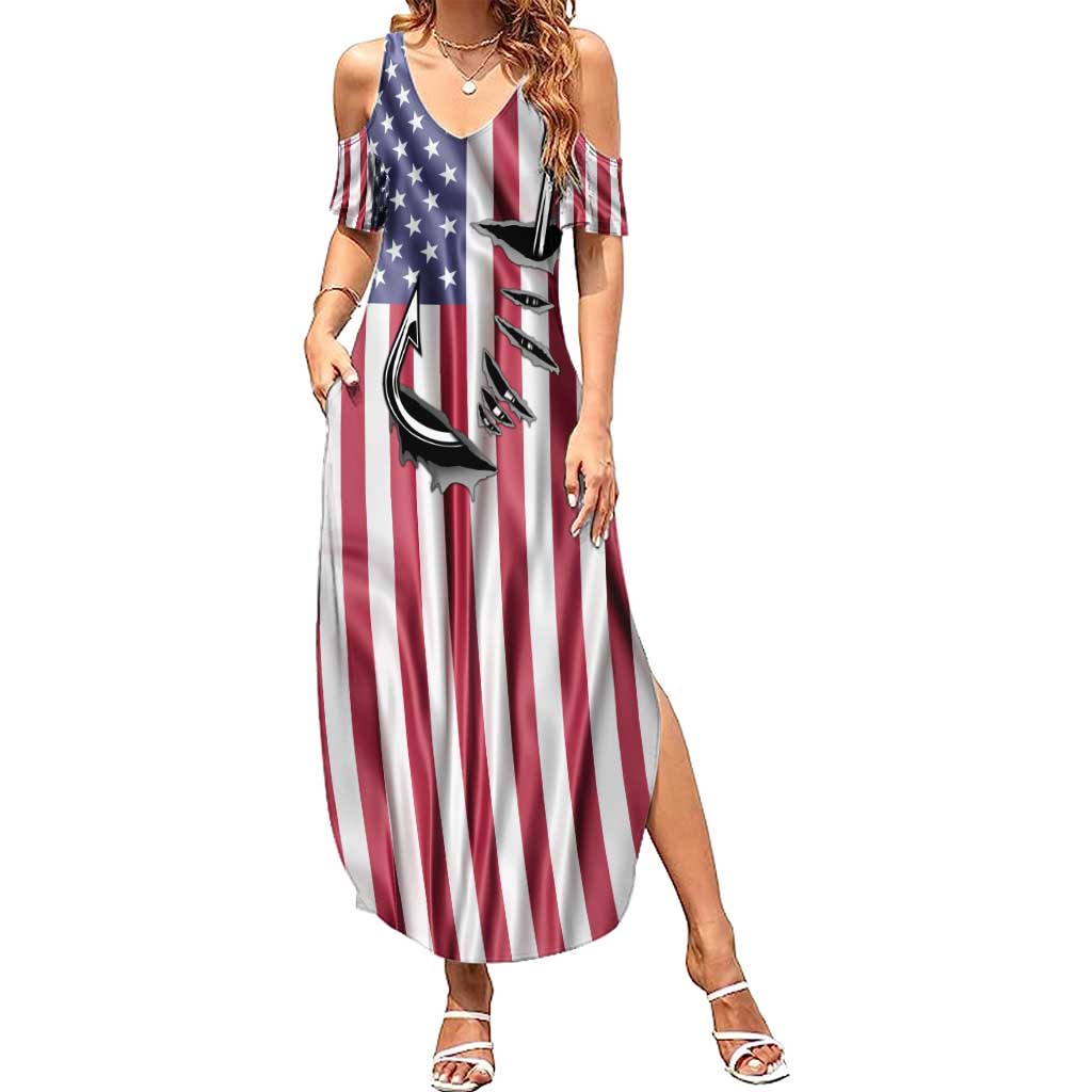 Fishing Fish Hook American Flag Family Matching Summer Maxi Dress and Hawaiian Shirt Custom Name Graphic in Patriotic Striped Theme - Wonder Print Shop