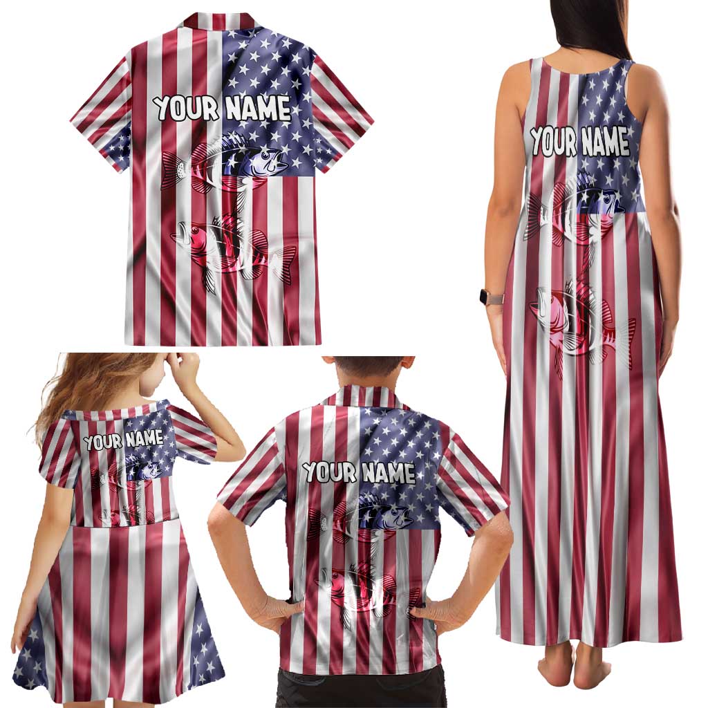 Fishing Fish Hook American Flag Family Matching Tank Maxi Dress and Hawaiian Shirt Custom Name Graphic in Patriotic Striped Theme - Wonder Print Shop