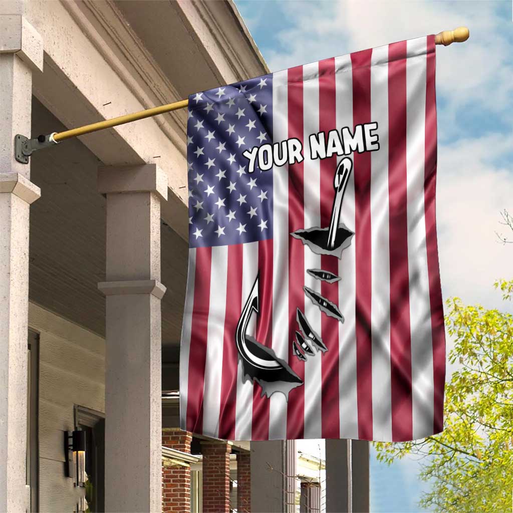 Fishing Fish Hook American Flag Garden Flag Custom Name Graphic in Patriotic Striped Theme - Wonder Print Shop