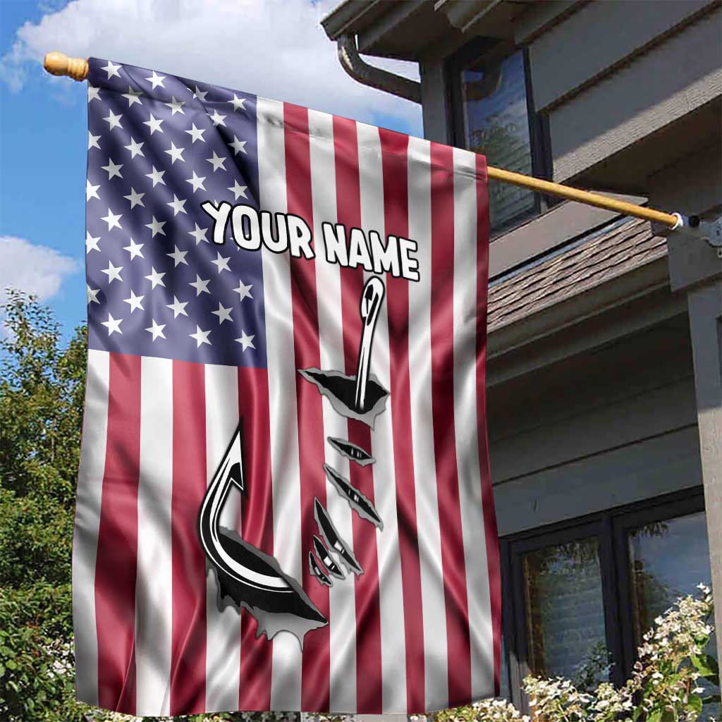 Fishing Fish Hook American Flag Garden Flag Custom Name Graphic in Patriotic Striped Theme - Wonder Print Shop