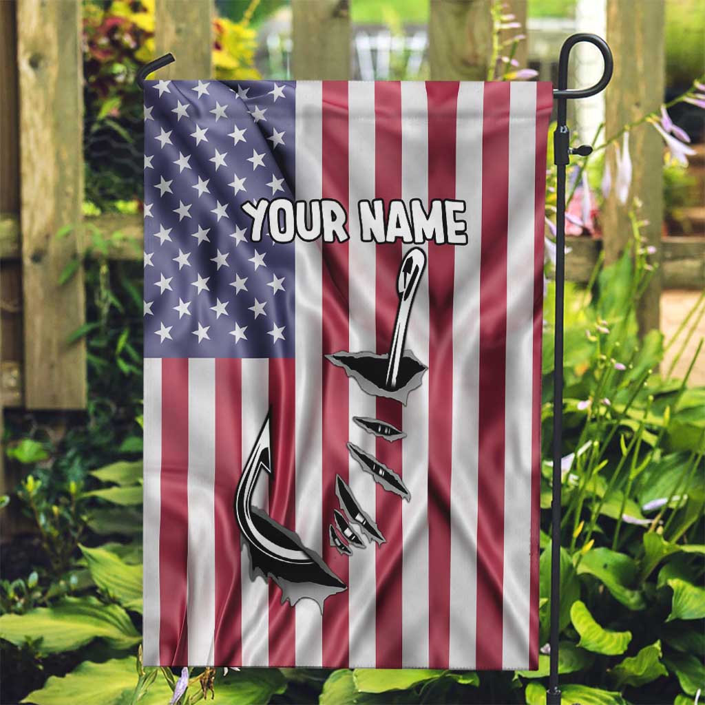 Fishing Fish Hook American Flag Garden Flag Custom Name Graphic in Patriotic Striped Theme - Wonder Print Shop
