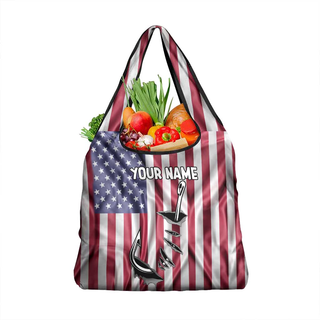 Fishing Fish Hook American Flag Grocery Bag Custom Name Graphic in Patriotic Striped Theme - Wonder Print Shop