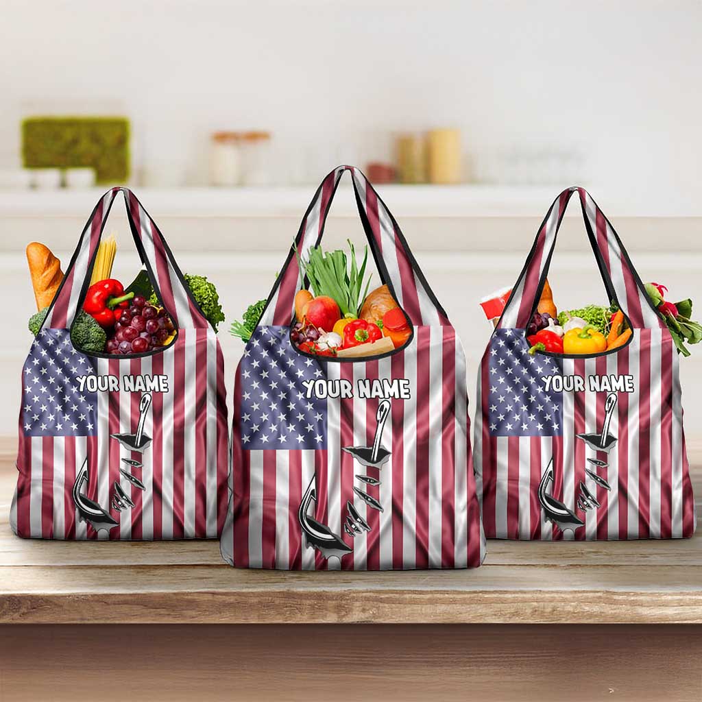 Fishing Fish Hook American Flag Grocery Bag Custom Name Graphic in Patriotic Striped Theme - Wonder Print Shop