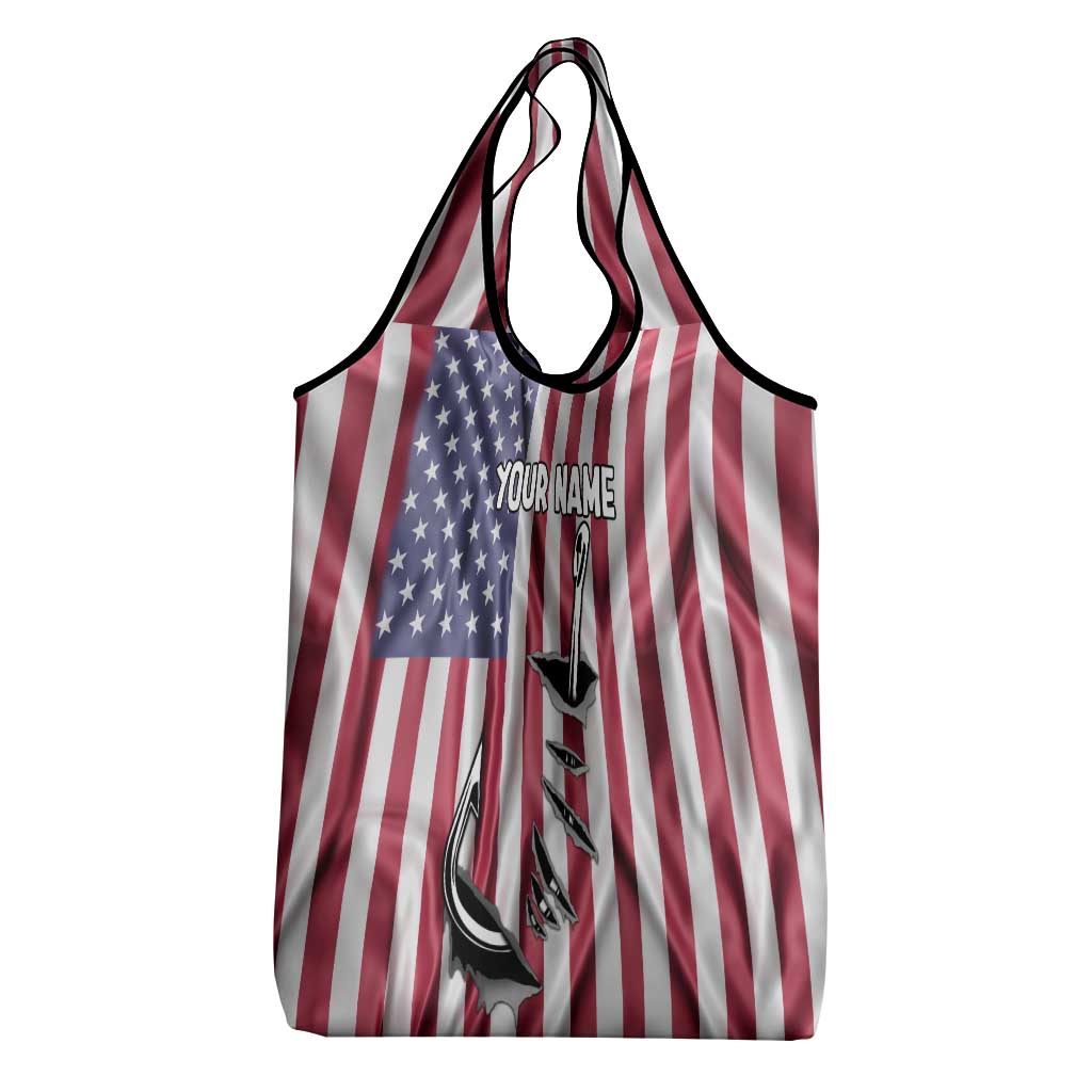 Fishing Fish Hook American Flag Grocery Bag Custom Name Graphic in Patriotic Striped Theme - Wonder Print Shop