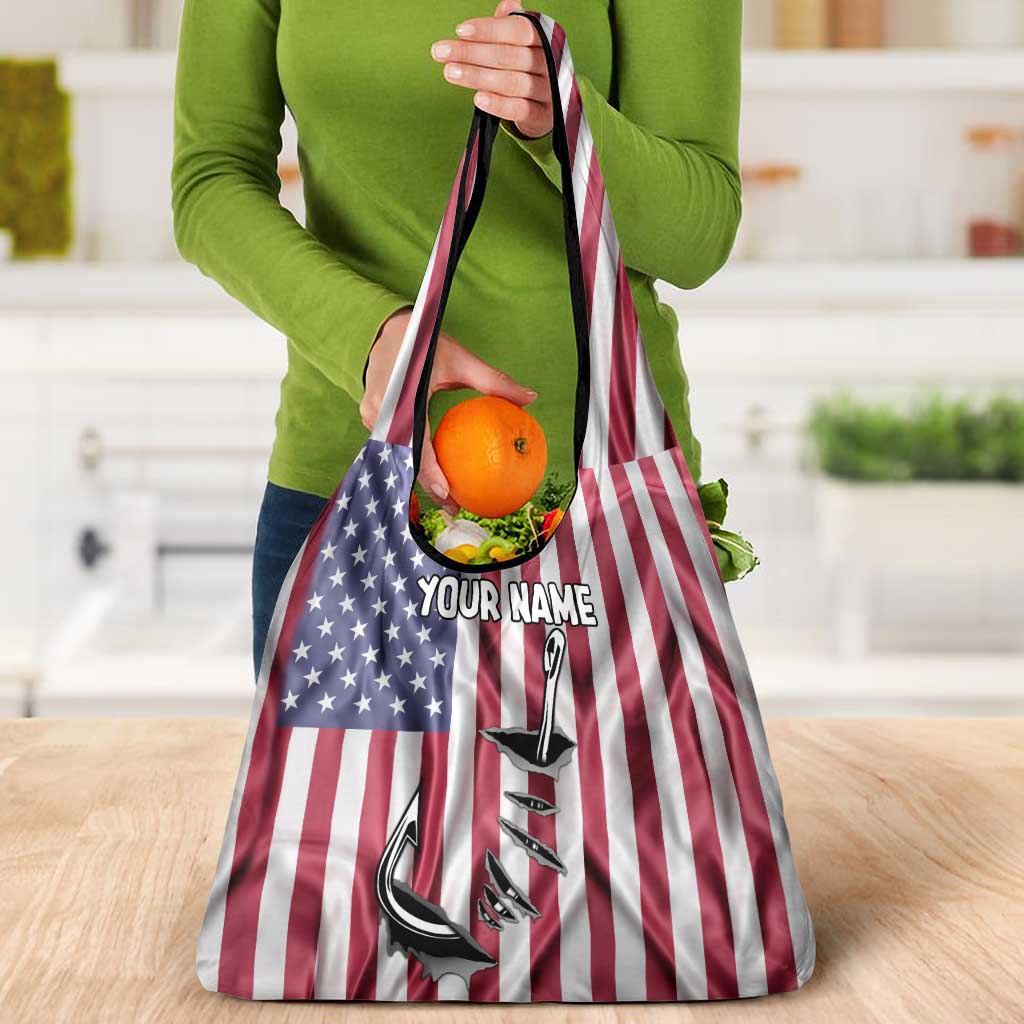 Fishing Fish Hook American Flag Grocery Bag Custom Name Graphic in Patriotic Striped Theme - Wonder Print Shop
