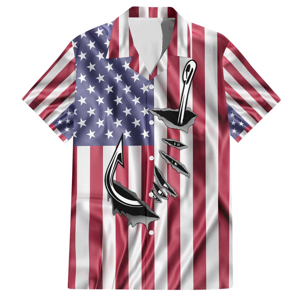 Fishing Fish Hook American Flag Hawaiian Shirt Custom Name Graphic in Patriotic Striped Theme - Wonder Print Shop