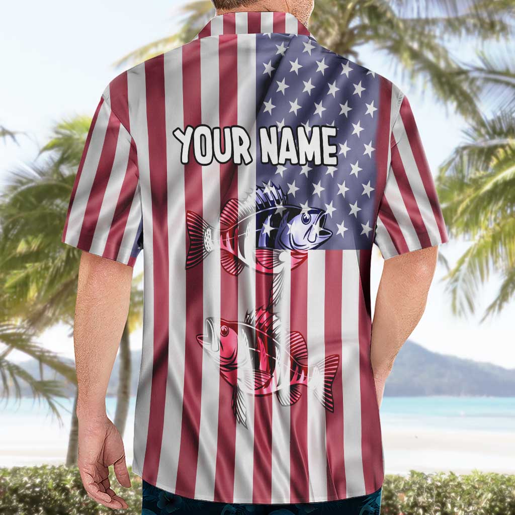 Fishing Fish Hook American Flag Hawaiian Shirt Custom Name Graphic in Patriotic Striped Theme - Wonder Print Shop