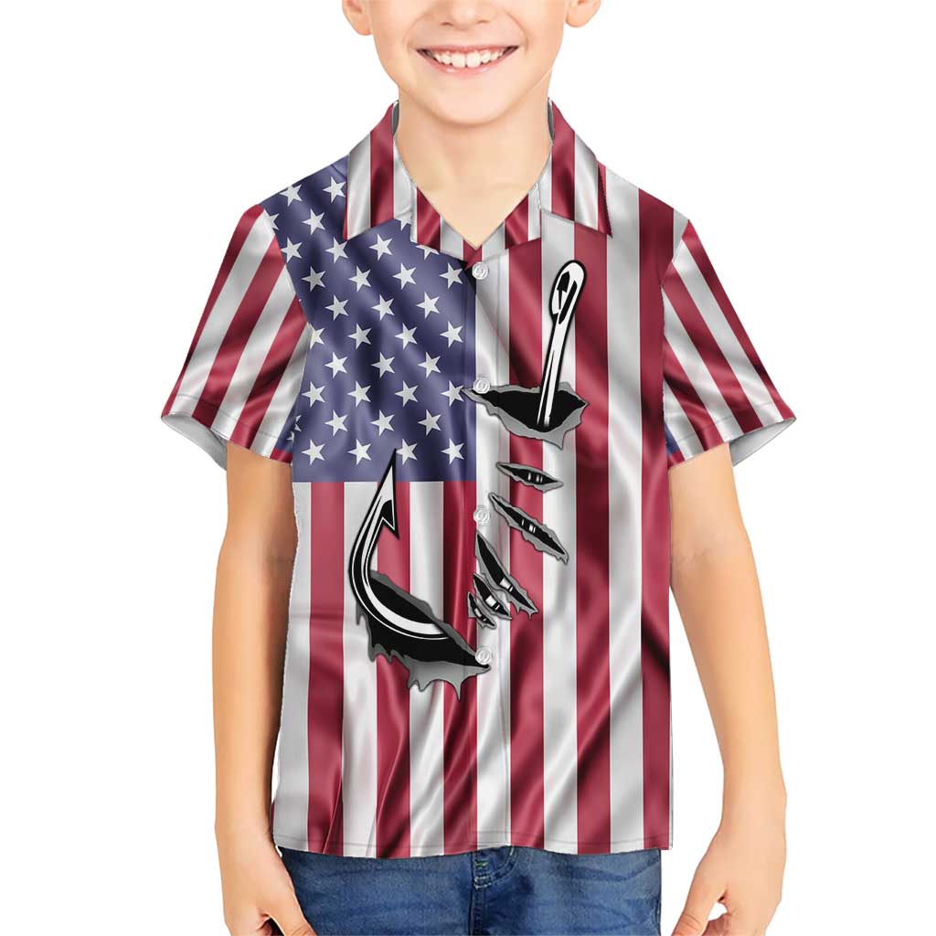 Fishing Fish Hook American Flag Hawaiian Shirt Custom Name Graphic in Patriotic Striped Theme - Wonder Print Shop