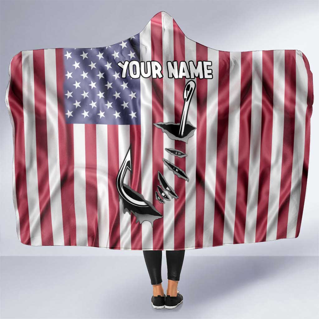 Fishing Fish Hook American Flag Hooded Blanket Custom Name Graphic in Patriotic Striped Theme - Wonder Print Shop