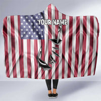 Fishing Fish Hook American Flag Hooded Blanket Custom Name Graphic in Patriotic Striped Theme - Wonder Print Shop