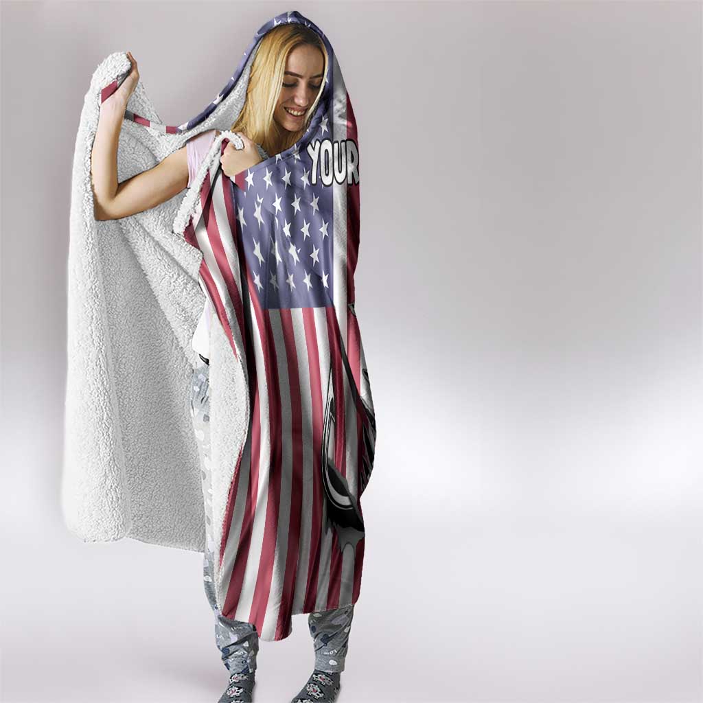 Fishing Fish Hook American Flag Hooded Blanket Custom Name Graphic in Patriotic Striped Theme - Wonder Print Shop
