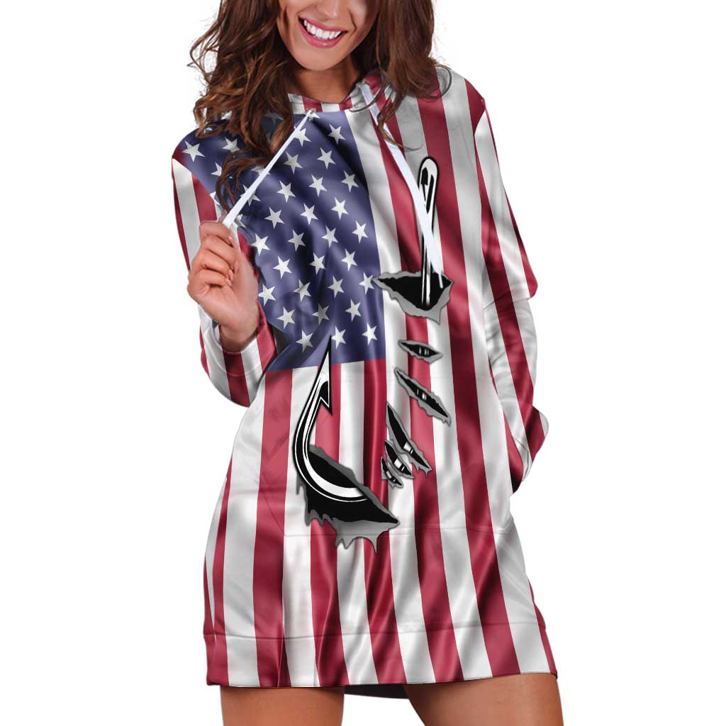 Fishing Fish Hook American Flag Hoodie Dress Custom Name Graphic in Patriotic Striped Theme - Wonder Print Shop