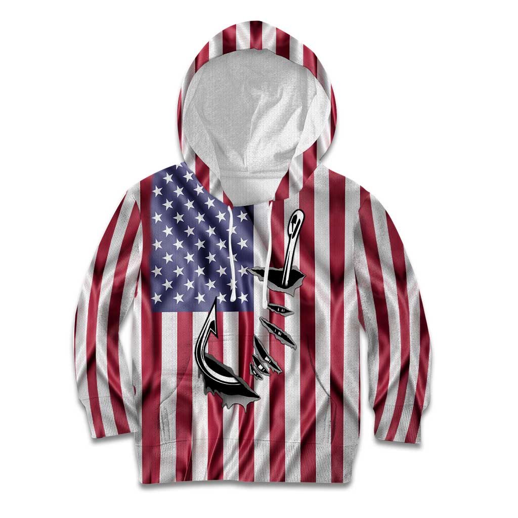 Fishing Fish Hook American Flag Kid Hoodie Custom Name Graphic in Patriotic Striped Theme - Wonder Print Shop