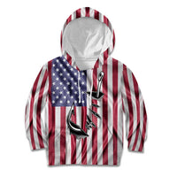 Fishing Fish Hook American Flag Kid Hoodie Custom Name Graphic in Patriotic Striped Theme - Wonder Print Shop