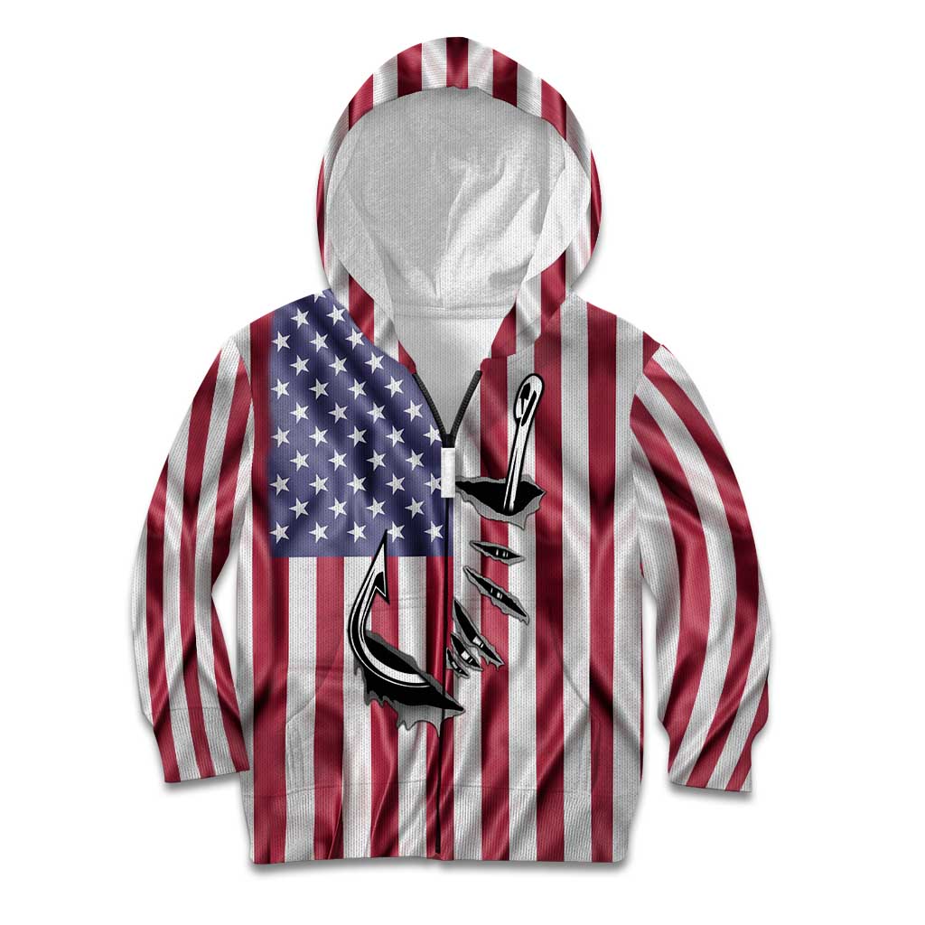 Fishing Fish Hook American Flag Kid Hoodie Custom Name Graphic in Patriotic Striped Theme - Wonder Print Shop