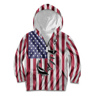 Fishing Fish Hook American Flag Kid Hoodie Custom Name Graphic in Patriotic Striped Theme - Wonder Print Shop