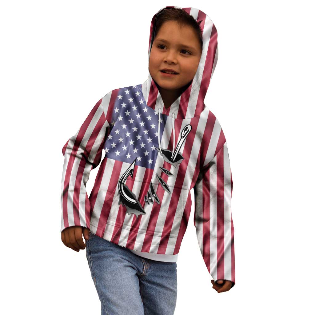 Fishing Fish Hook American Flag Kid Hoodie Custom Name Graphic in Patriotic Striped Theme - Wonder Print Shop