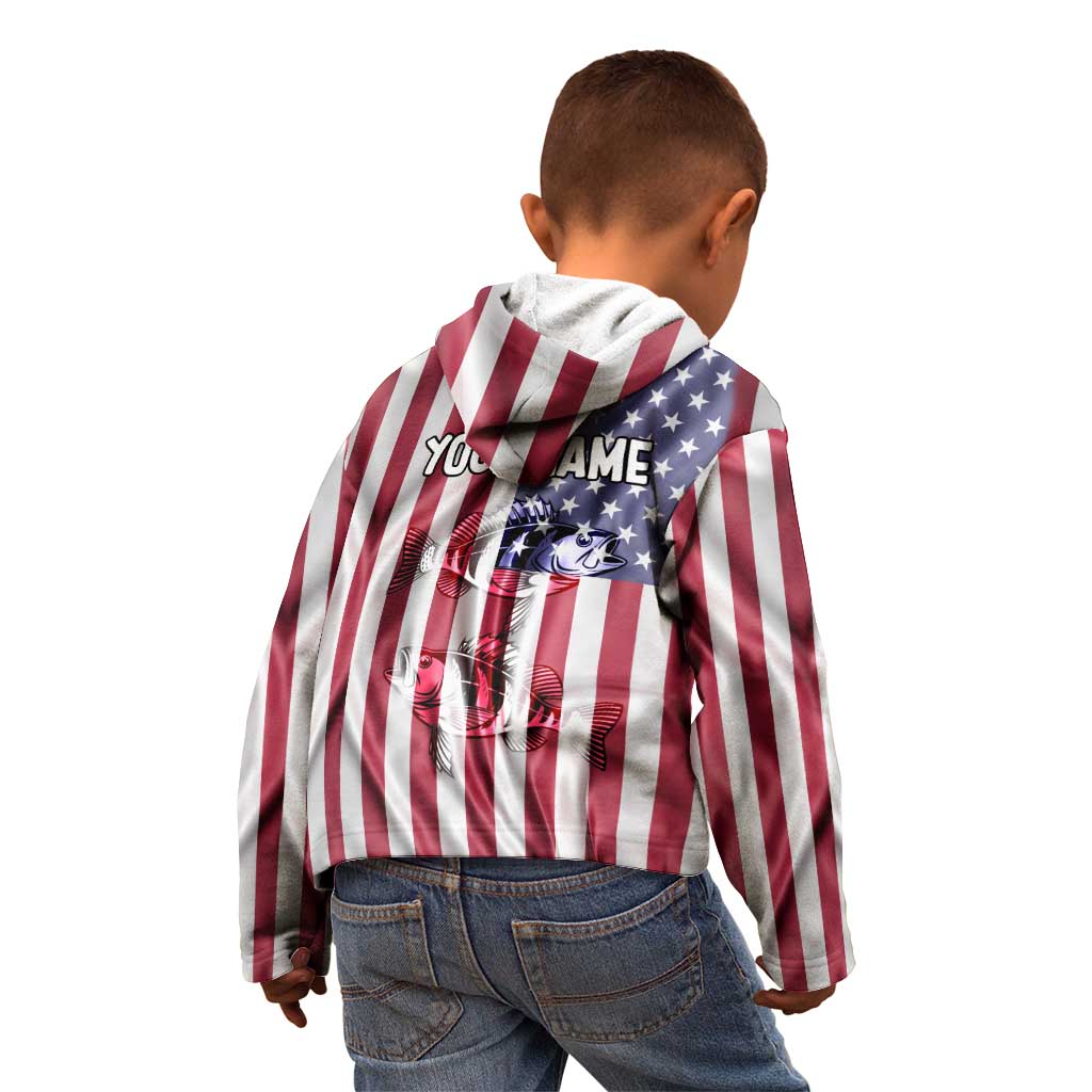 Fishing Fish Hook American Flag Kid Hoodie Custom Name Graphic in Patriotic Striped Theme - Wonder Print Shop