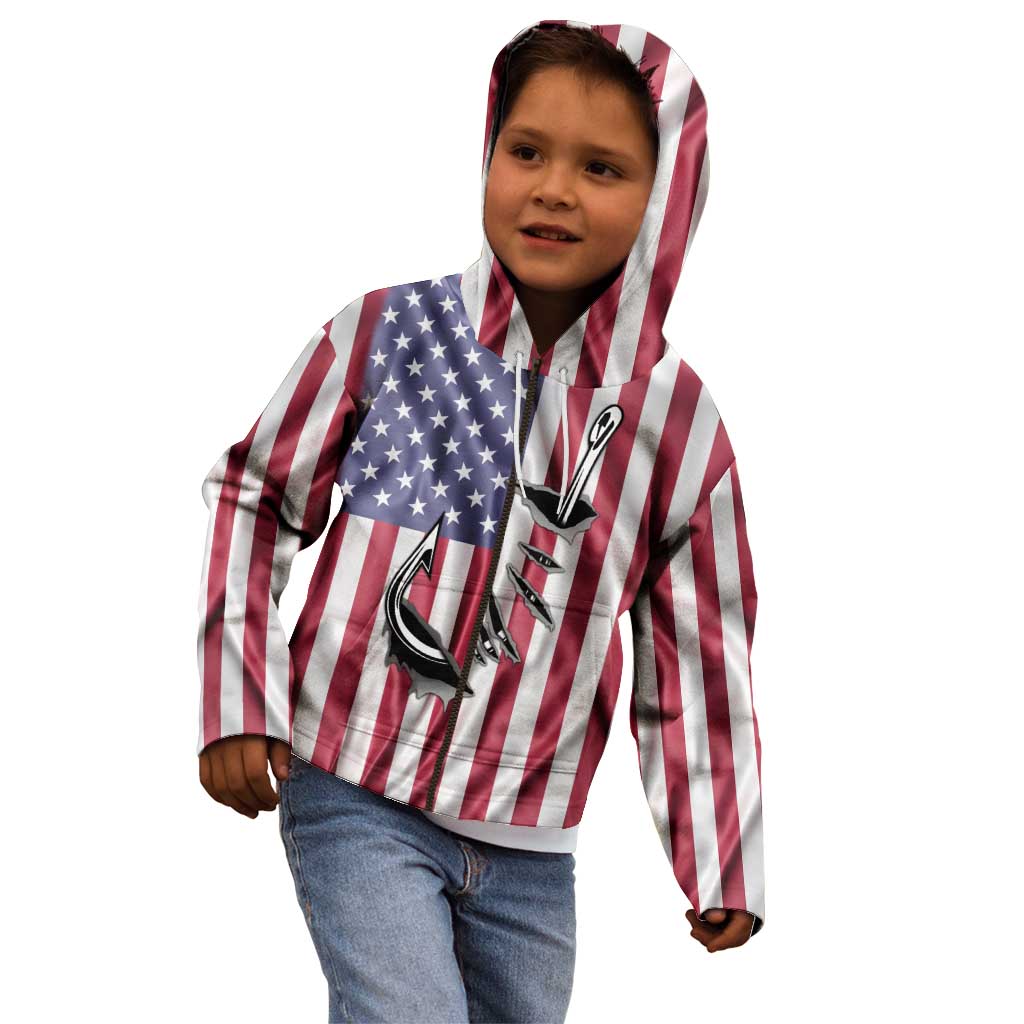 Fishing Fish Hook American Flag Kid Hoodie Custom Name Graphic in Patriotic Striped Theme - Wonder Print Shop