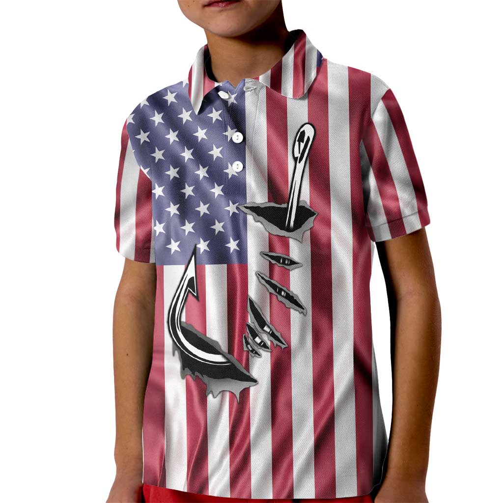 Fishing Fish Hook American Flag Kid Polo Shirt Custom Name Graphic in Patriotic Striped Theme - Wonder Print Shop